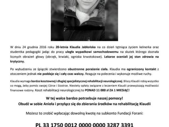 20-letnia Klaudia uległa wypadkowi w Wigilię. Teraz potrzeba na jej rehabilitację 11 tys. zł miesięcznie 