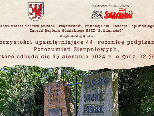 44. rocznica podpisania Porozumień Sierpniowych – zapraszamy na oficjalne uroczystości w Tczewie 25 sierpnia (niedziela)