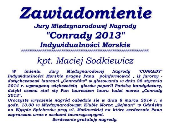 Kpt. Maciej Sodkiewicz nagrodzony Conradem