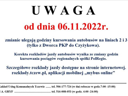 Uwaga korekta rozkłady jazdy na liniach nr 2 i  nr 3