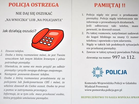 UWAGA NA OSZUSTÓW DZIAŁAJĄCYCH METODĄ ,,NA POLICJANTA” ORAZ „NA WNUCZKA”