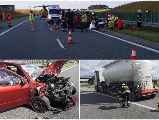  [ZDJĘCIA] Groźna kraksa na A1. Uległo wypadkowi auto osobowe i samochód ciężarowy 