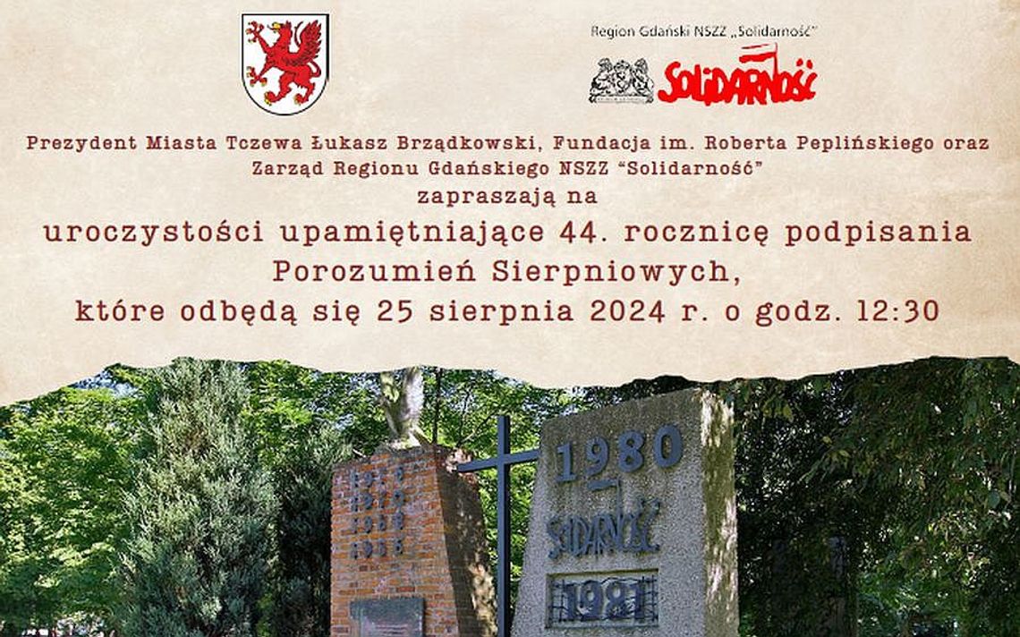 44. rocznica podpisania Porozumień Sierpniowych – zapraszamy na oficjalne uroczystości w Tczewie 25 sierpnia (niedziela)