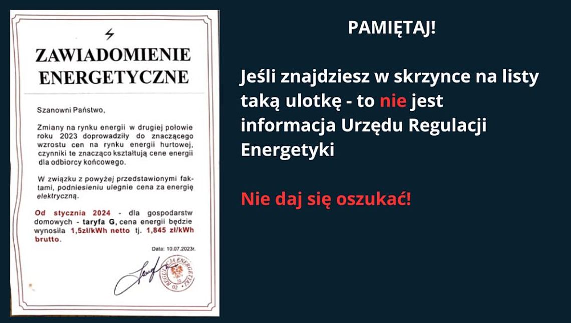 OSTRZEŻENIE: nie daj się nabrać - URE nie prowadzi akcji informacyjnej dotyczącej cen energii