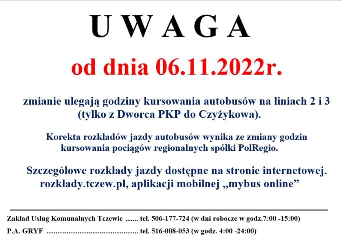 Uwaga korekta rozkłady jazdy na liniach nr 2 i  nr 3