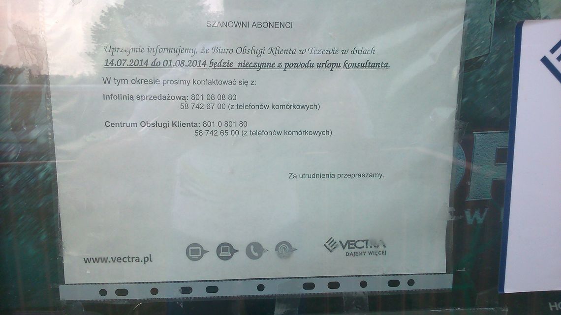 Vectra: Z powodu urlopu biuro nieczynne… 2 tygodnie