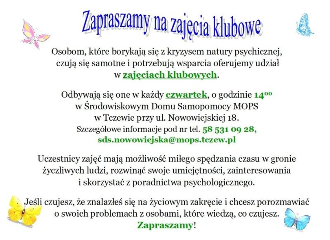 Zajęcia dla osób z kryzysem natury psychicznej