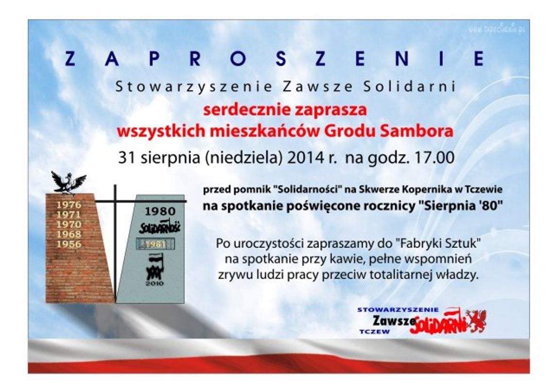 Zaproszenie na obchody 34 rocznicy powstania "Solidarności"